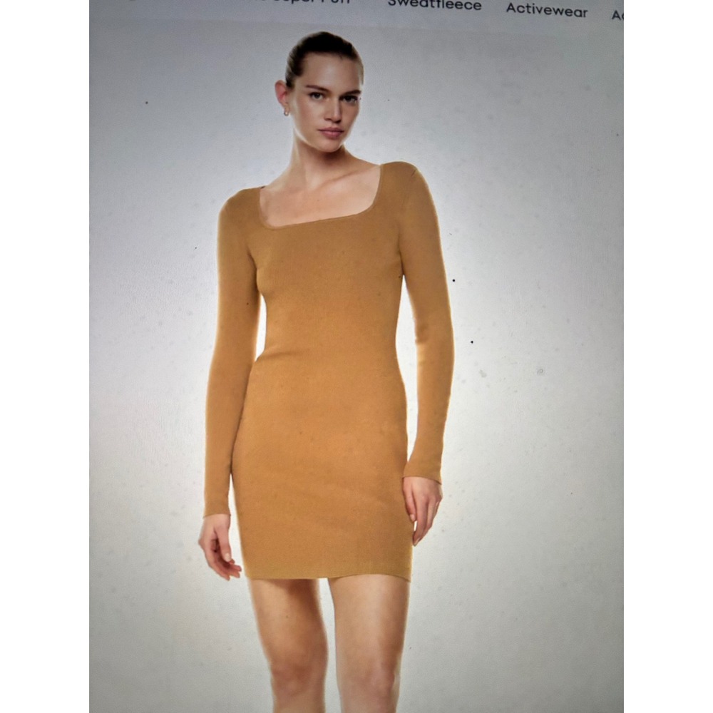 NWTO Aritzia Babaton Rego Sculpt Knit Dress XS Camel Square Neck Bodycon
